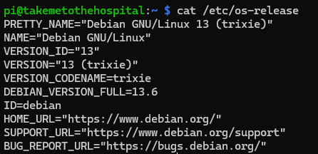 cat /etc/os-release の出力、Debian 13 (trixie)