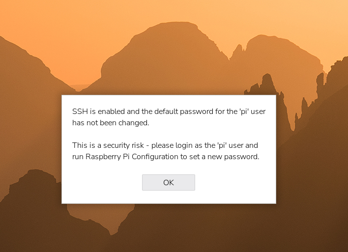 Raspberry Pi OS 初回起動時の、pi ユーザーの既定パスワード変更を促す警告