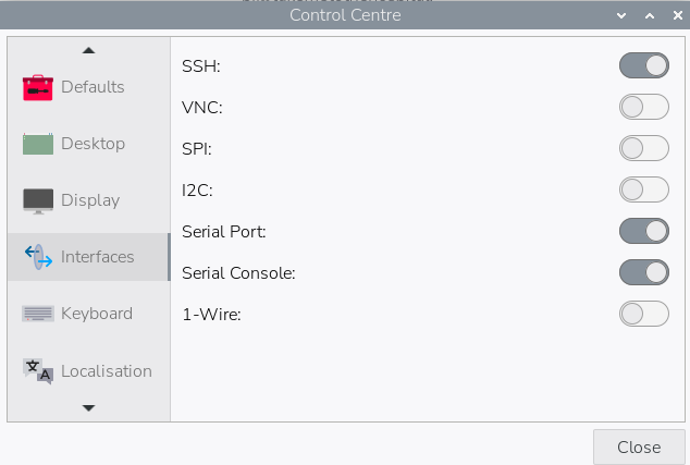 Raspberry Pi の設定画面、インターフェースタブの SSH と VNC のスイッチ