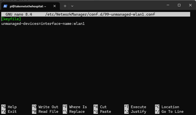 nano エディタに wlan1 を unmanaged にする設定を貼り付けた状態