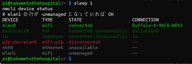 nmcli で wlan1 が unmanaged になったことを確認