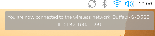 Raspberry Pi のデスクトップ右上に表示された WiFi 接続と IP アドレス