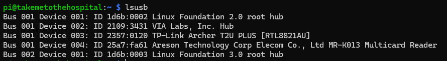 lsusb で USB WiFi ドングル RTL8821AU が認識された出力