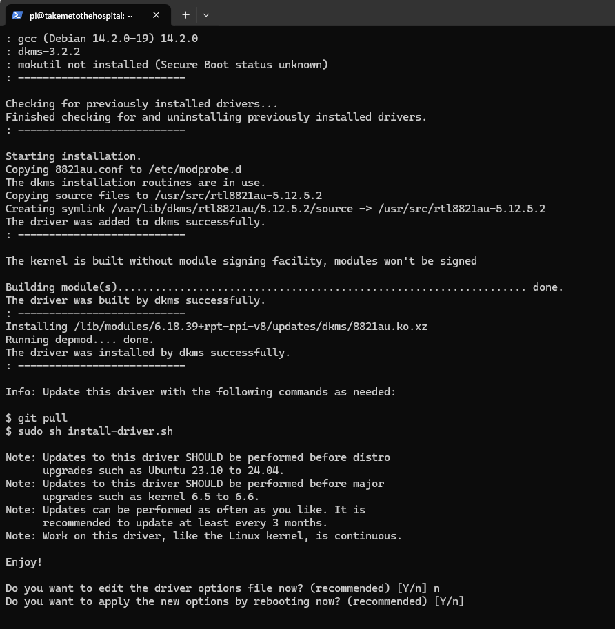 8821au ドライバのソース取得と DKMS 登録の出力