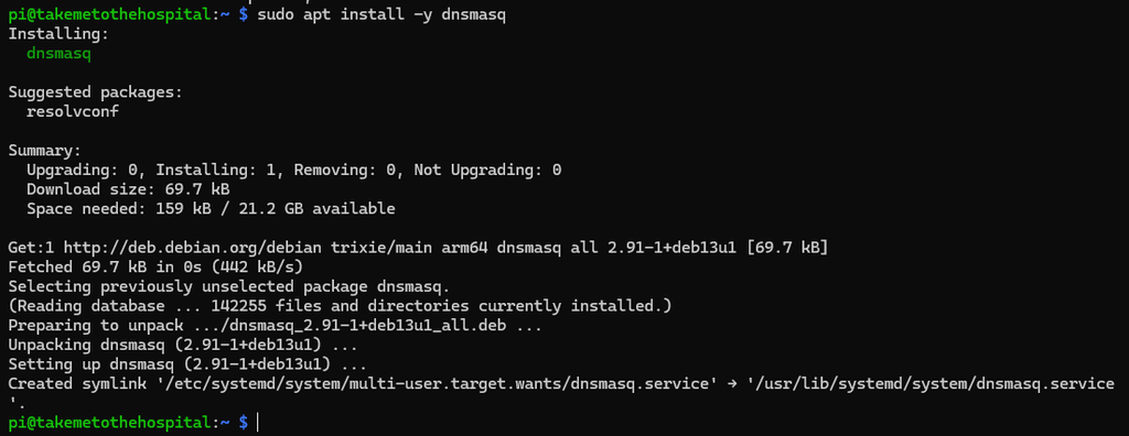dnsmasq をインストールした出力