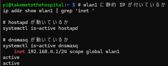 再起動後に hostapd と dnsmasq が active、wlan1 が 192.168.4.1 になっていることを確認