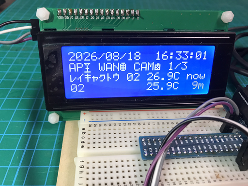 I2C 液晶の同じ画面、行末が最後の POST からの経過時間に切り替わった状態