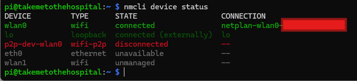 nmcli device status で wlan0 の接続状態を確認