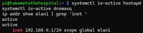 hostapd・dnsmasq が active、wlan1 が 192.168.4.1 であることの事前確認