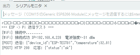 ESP8266 のシリアルモニタに出た HTTP POST 成功(HTTP 200)の表示