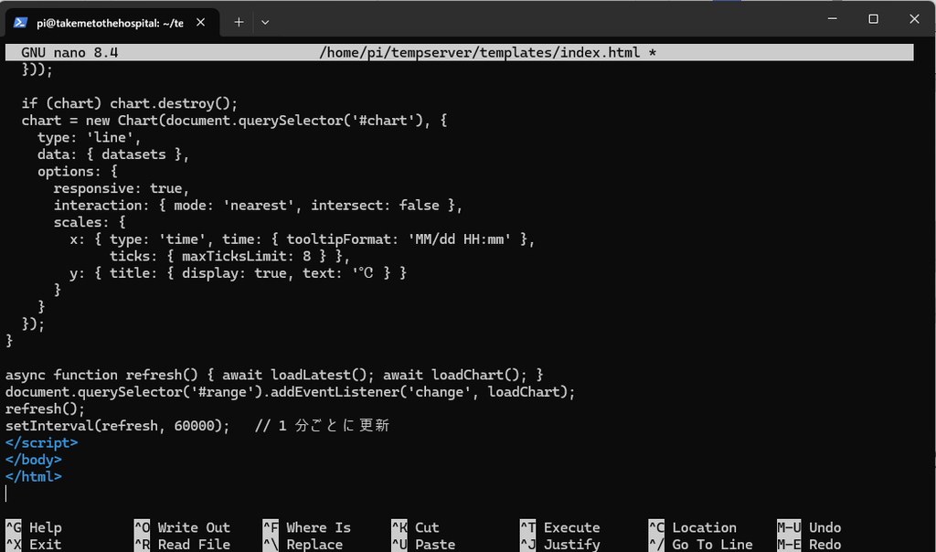 nano エディタで templates/index.html を作成した画面