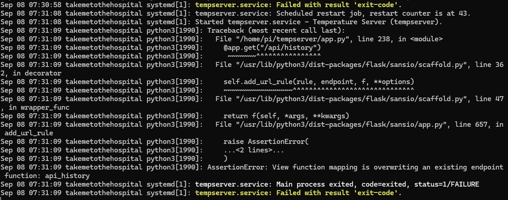 手動起動と systemd 起動がポート 5000 を取り合って再起動を繰り返すログ