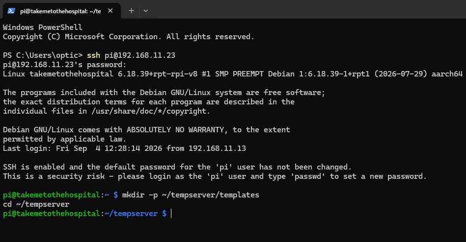 Raspberry Pi に SSH で入り tempserver と templates フォルダを作成